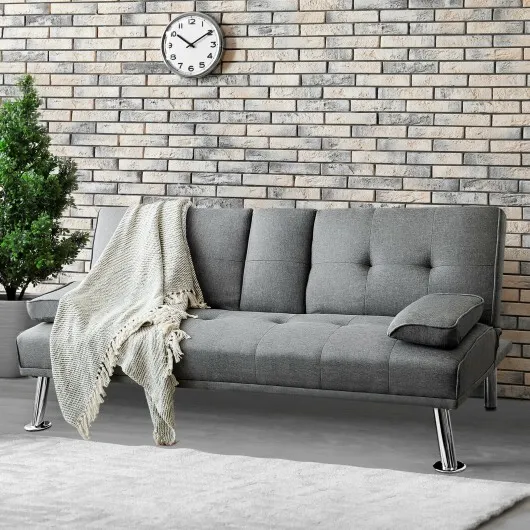 Convertible Folding Futon Sofa Bed Fabric with 2 Cup Holders-Light Gray - Color: Light Gray - Image 4