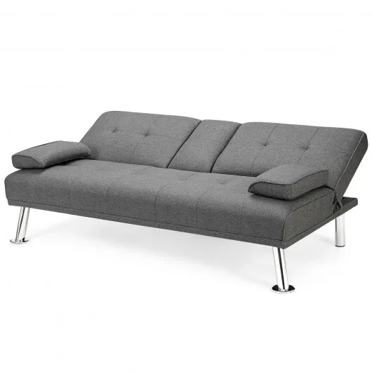 Convertible Folding Futon Sofa Bed Fabric with 2 Cup Holders-Light Gray - Color: Light Gray - Image 5