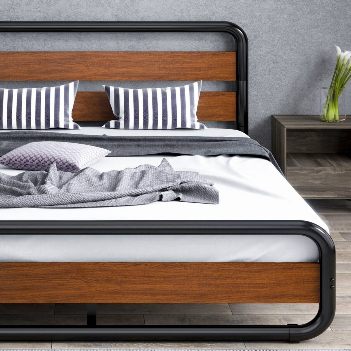 Queen Heavy Duty Modern Industrial Metal Wood Platform Bed Frame with Headboard - Image 2