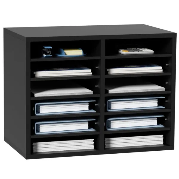 Wood Literature Organizer, 12 Compartments, File Sorter with Removable Shelves, Mailboxes Slot for Office Home Classroom Mailrooms Organization, EPA Certified, Black