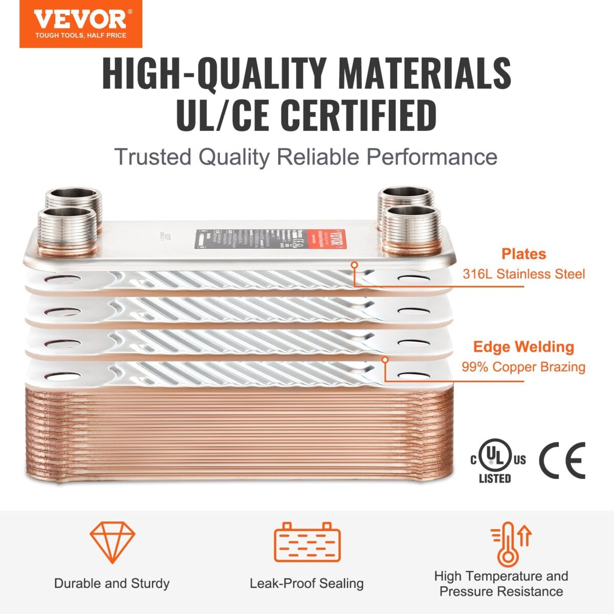 Heat Exchanger, 5"x 12" 30 Plates Brazed Plate Heat Exchanger, Copper/316L Stainless Steel Water To Water Heat Exchanger For Floor Heating, Water Heating, Snow Melting, Beer Cooling - Image 2