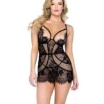 Femme Fatale Scalloped Eyelash Lace & Mesh  Chemise & Thong Black SM