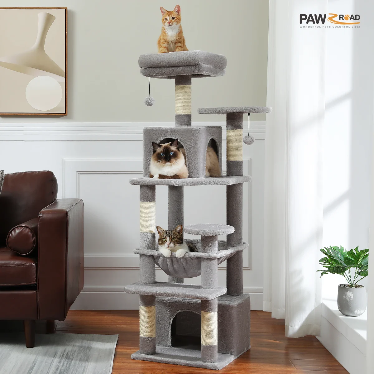 Multi-Level Large Cat Tree with Sisal-Covered Scratching Posts Cozy Condos Spacious Hammock Tall Cat Tower for Indoor Cat Toys - Image 2
