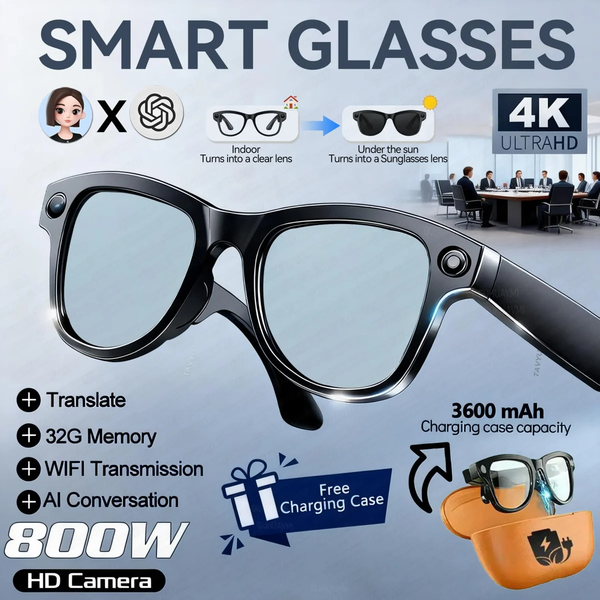 2026 Smart AI Glasses 4K 800W Camera 3600mAh Power Bank 32GB Memory 120+ Translation ChatGPT Music Photos &Video Sunglasses Men - Image 9