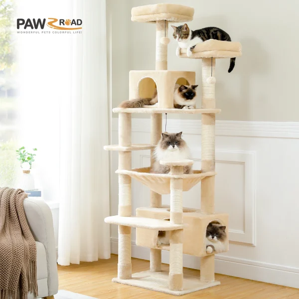 Multi-Level Large Cat Tree with Sisal-Covered Scratching Posts Cozy Condos Spacious Hammock Tall Cat Tower for Indoor Cat Toys