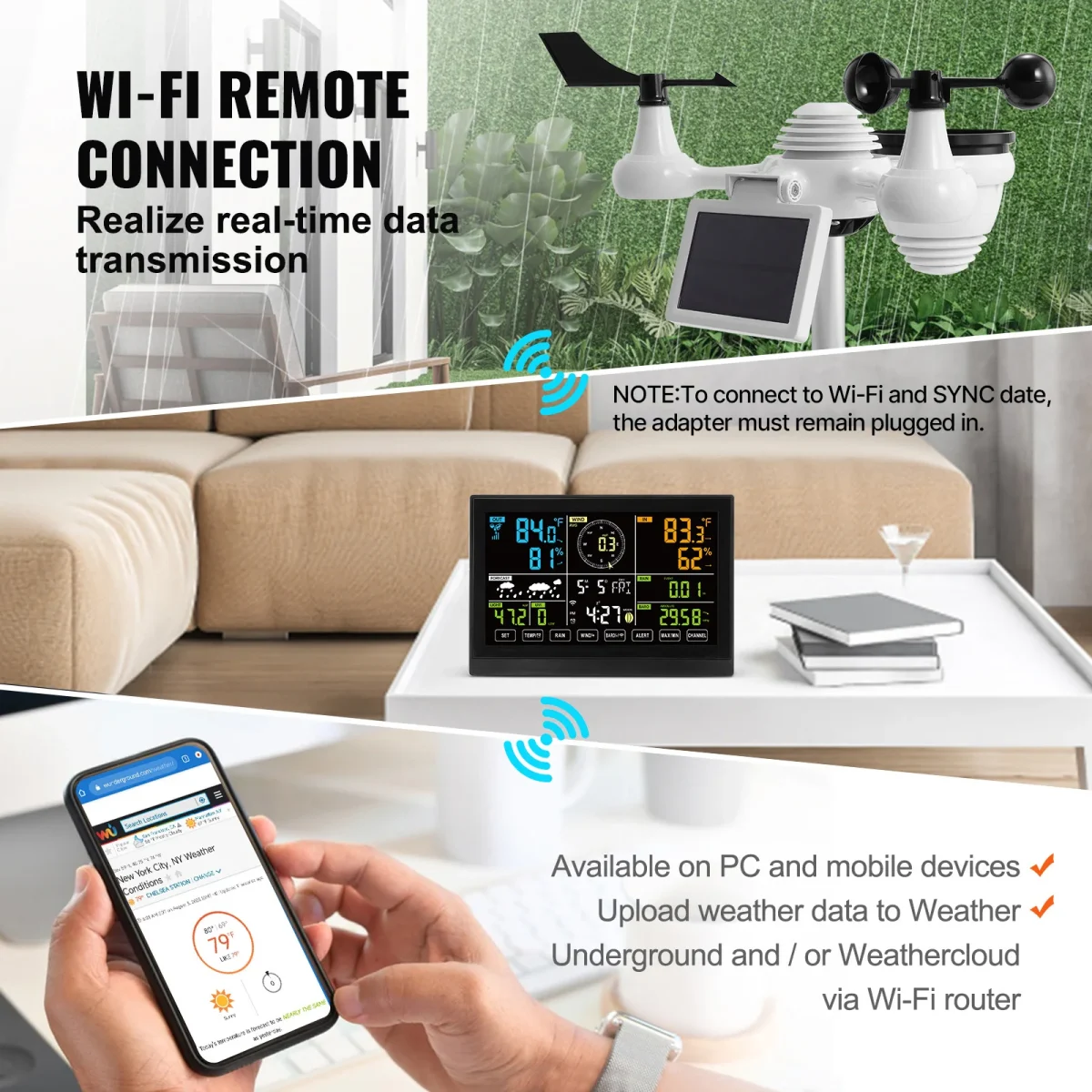 SucceBuy 7-in-1 Wi-Fi Weather Station 7.5 in Color Display + Solar Wireless Outdoor Sensor Alarm Alerts for Temperature Humidity - Image 3
