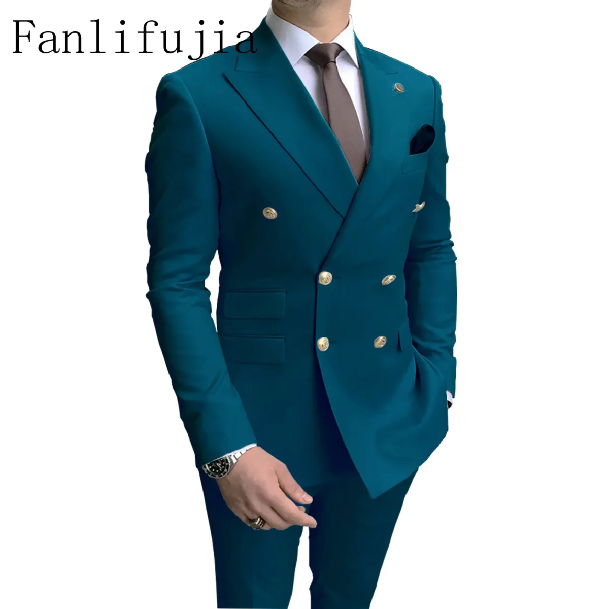 Color: SKY BLUE, Size: S - Fanlifujia Store 2024 Casual Sky Blue Men Suits Double Brested Peak Lapel  Gold Button Groom Wedding Tuxedos Best Costume Homme - Image 6