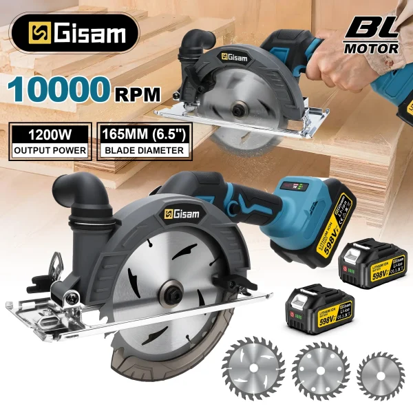 Gisam 165mm 10000RPM Brushless Electric Circular Saw Cordless Adjustbale Angle Woodworking Power Tool For Makita 18v Battey Pins