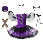 Kid Size: 14, Color: Khaki - Halloween Children Purple Vampire Costume Girls Dress Kids Clothes Baby Bat Spider Party Cosplay Headband +Wing Outfit