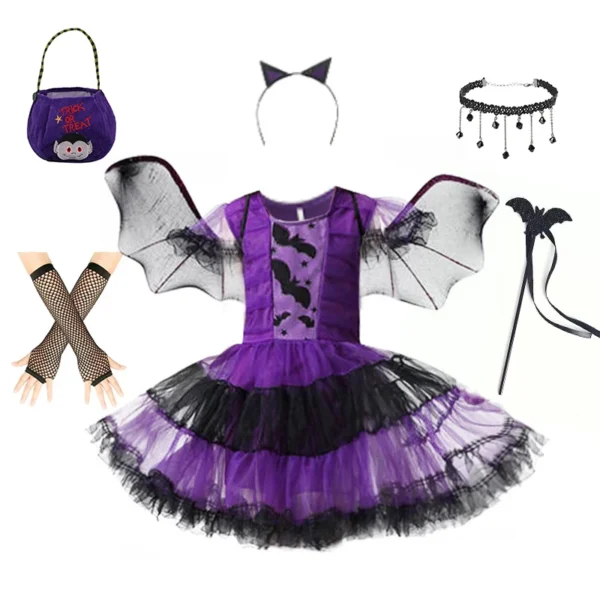 Kid Size: 14, Color: Khaki - Halloween Children Purple Vampire Costume Girls Dress Kids Clothes Baby Bat Spider Party Cosplay Headband +Wing Outfit
