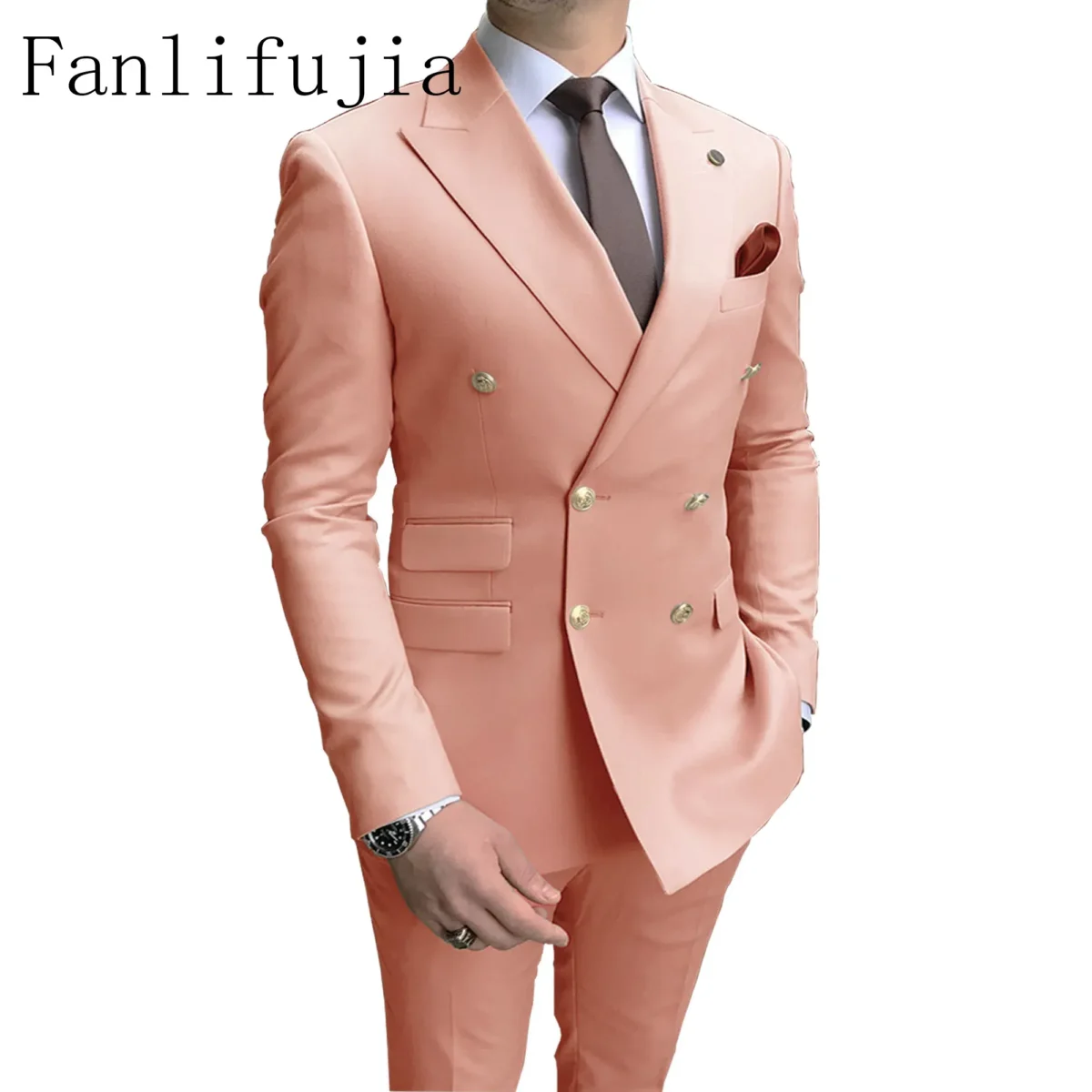 Color: SKY BLUE, Size: S - Fanlifujia Store 2024 Casual Sky Blue Men Suits Double Brested Peak Lapel  Gold Button Groom Wedding Tuxedos Best Costume Homme - Image 5