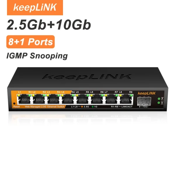 KeepLiNK KP-9000-9XHML-X 9-Port Web-Managed Network Switch | 8 x 2.5Gb RJ45+ 1 x 10Gb SFP+ for Uplink IGMP Snooping