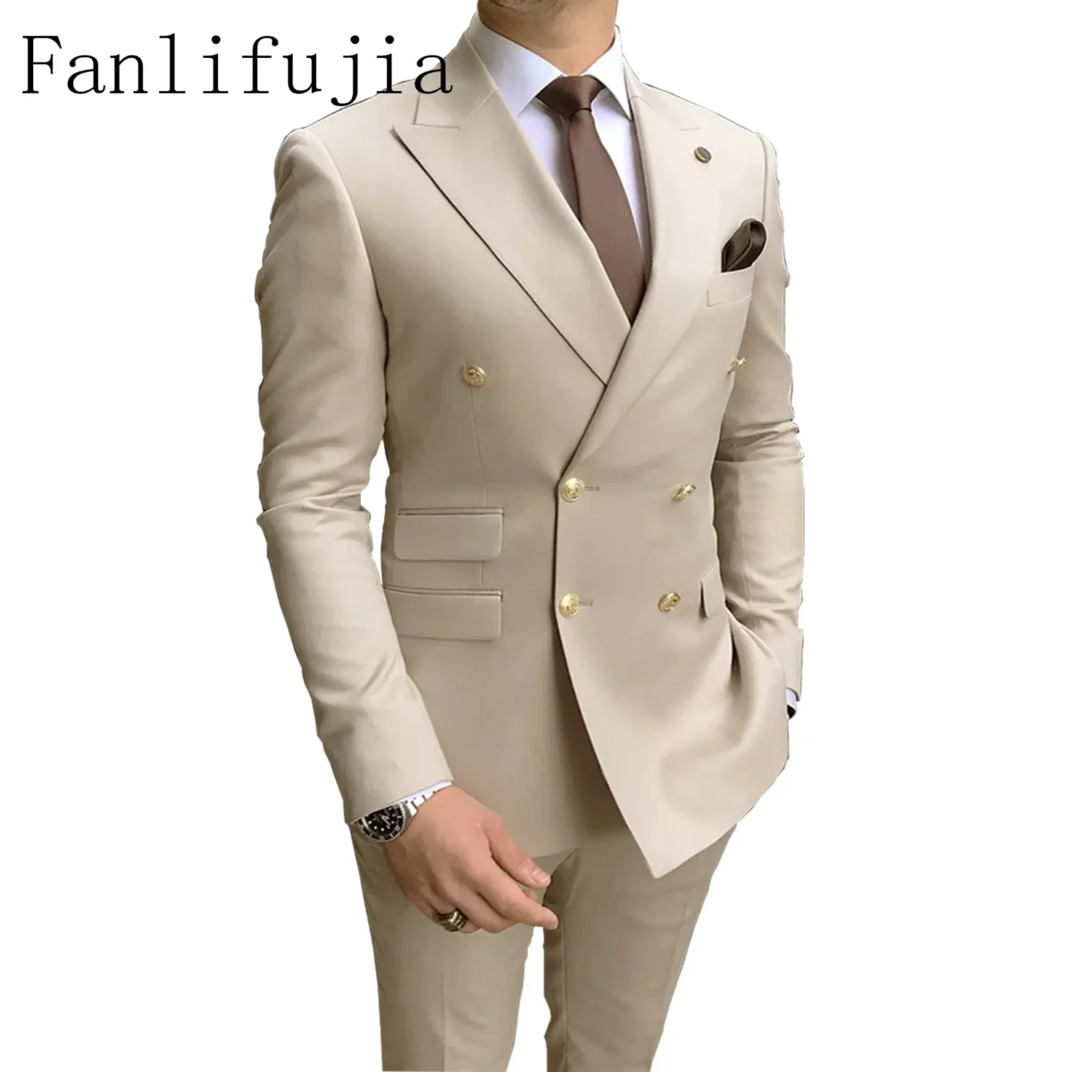 Color: SKY BLUE, Size: S - Fanlifujia Store 2024 Casual Sky Blue Men Suits Double Brested Peak Lapel  Gold Button Groom Wedding Tuxedos Best Costume Homme - Image 3
