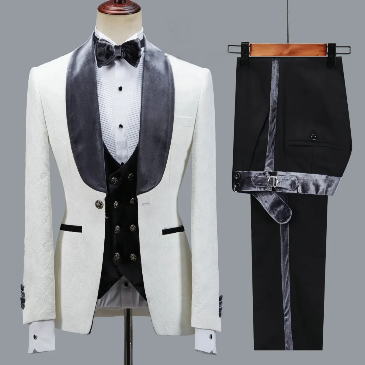 Color: Dark Grey, Size: XL - Floral Jacket Men Suit Slim Fit Wedding Tuxedo Navy Blue Velvet Lapel Groom Party Suits Costume Homme Best Man Blazer - Image 6