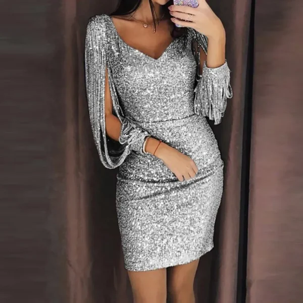 Color: Silver, Size: L, Ships From: CN - 2024 New Women Sexy Dresses Glitter Sparkly Sequin Tassel Sleeves V Neck Club Mini Skinny Sundress Elegant Ladies Party Dresses