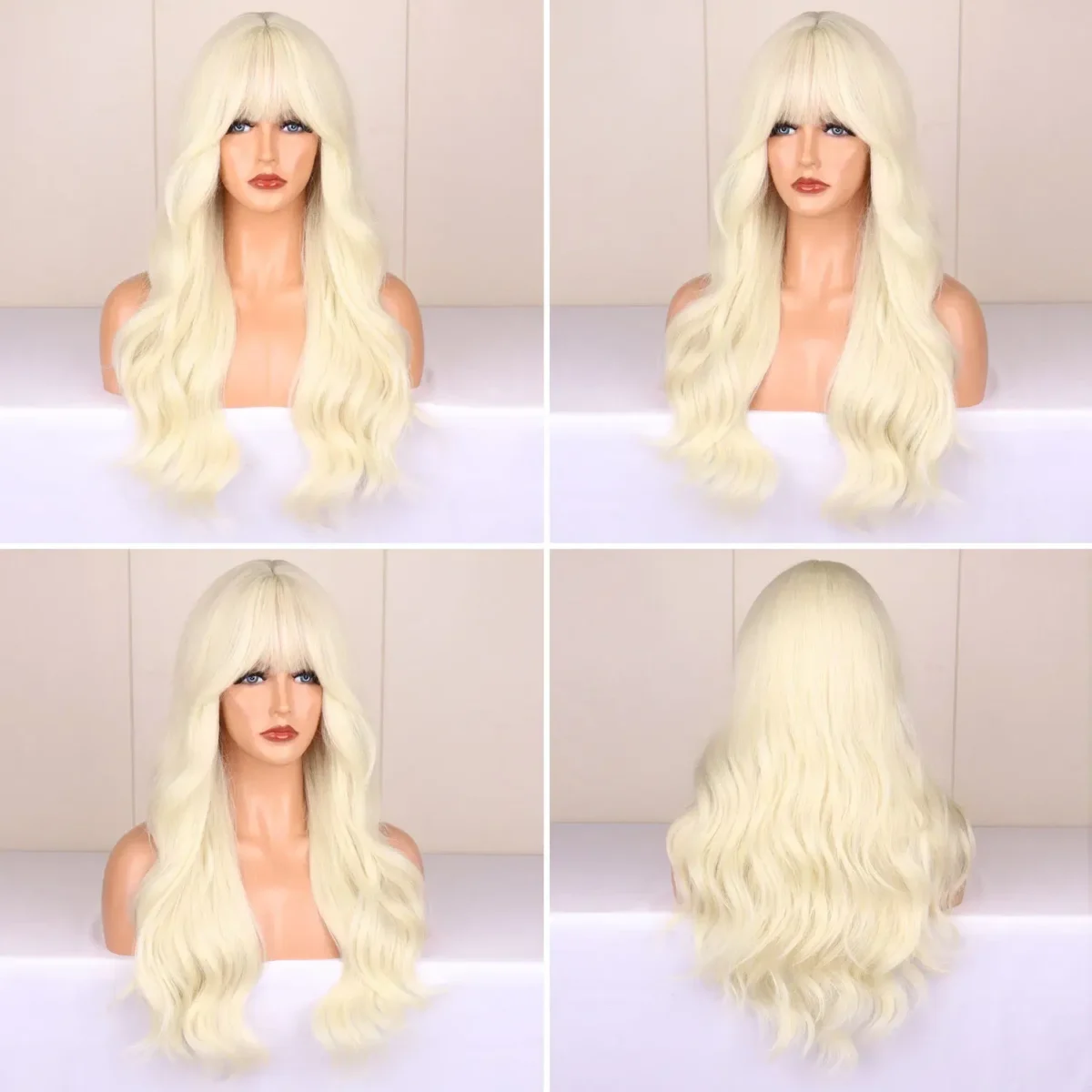 Color: Blonde - Blonde synthetic wig with straight bangs Ladies Cosplay wig High temperature silk wig set with big waves and long curly hair - Image 3
