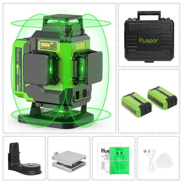 Huepar 16 Lines 4D Green Laser Level Self-Leveling Cross Lines Laser Tool With Backup Battery Hard Carry Case for Tiling Floor