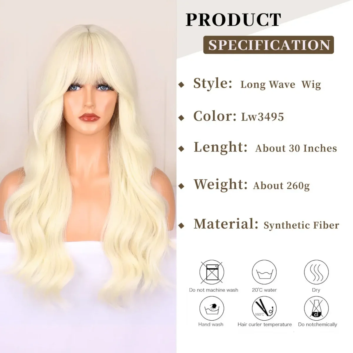 Color: Blonde - Blonde synthetic wig with straight bangs Ladies Cosplay wig High temperature silk wig set with big waves and long curly hair - Image 4
