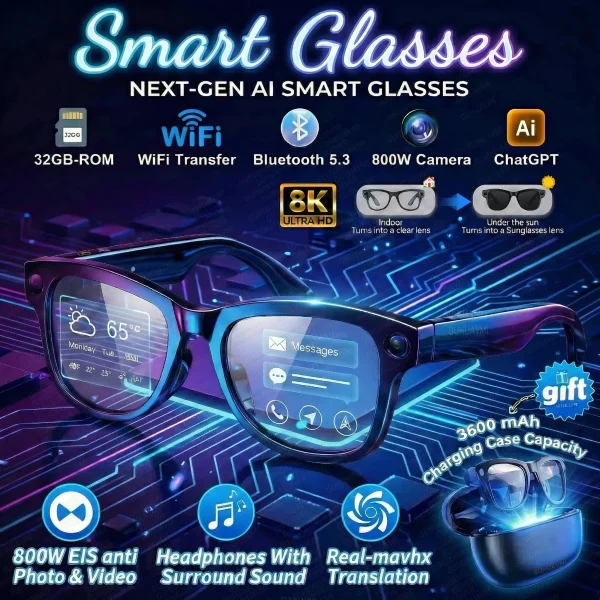 2026 Smart AI Glasses 4K 800W Camera 3600mAh Power Bank 32GB Memory 120+ Translation ChatGPT Music Photos &Video Sunglasses Men