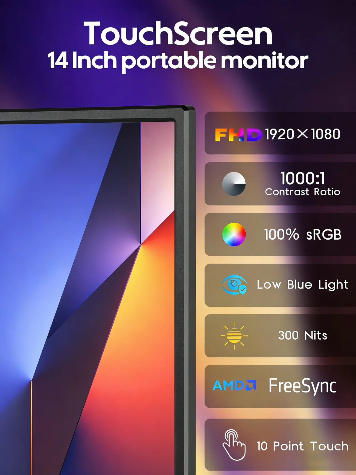 Amoudo 14 Inch Touch Portable Monitor  1920 x 1080P Second Screen FHD Lightweight Thin USB Type-C Mini HDMI Extend Screen - Image 2