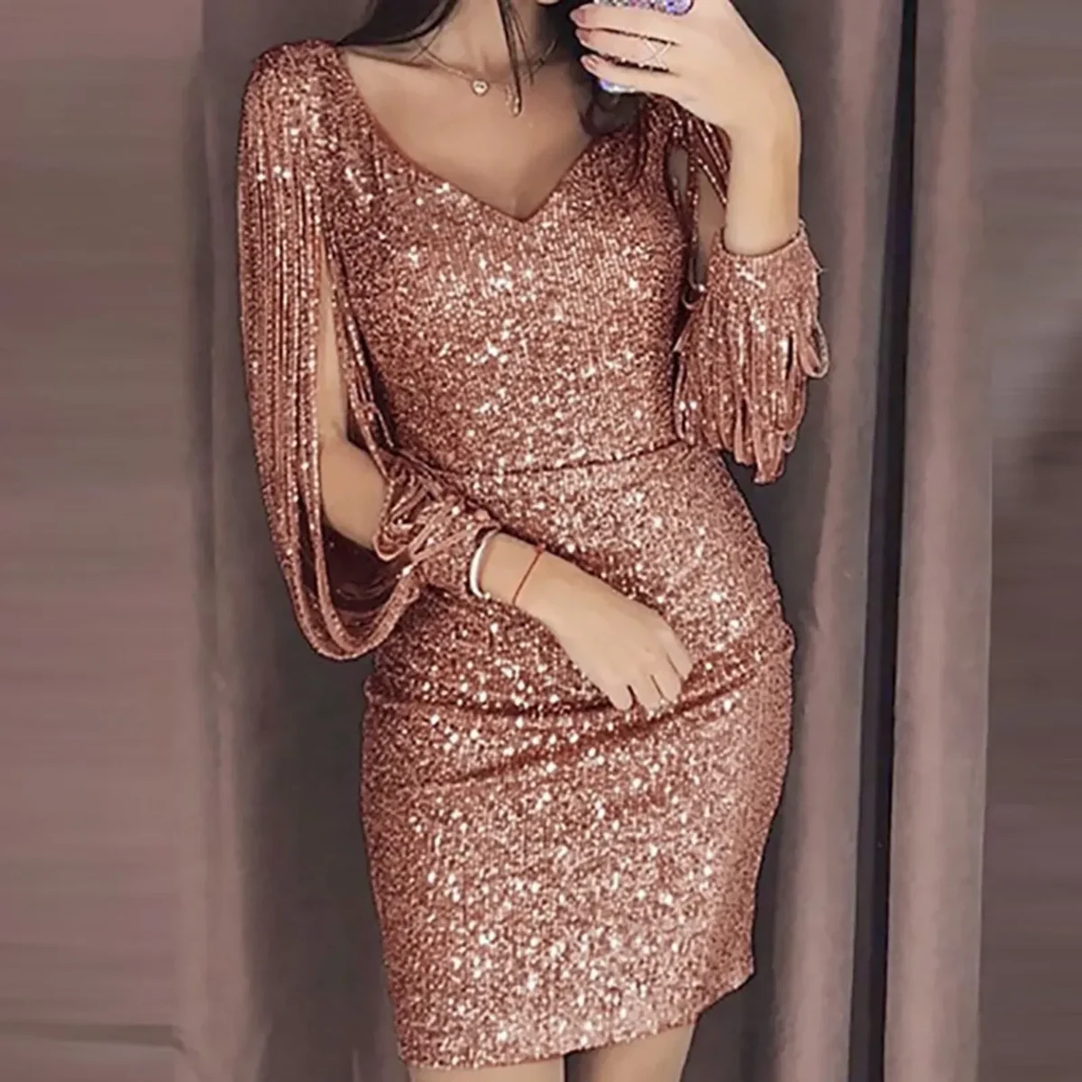 Color: Silver, Size: L, Ships From: CN - 2024 New Women Sexy Dresses Glitter Sparkly Sequin Tassel Sleeves V Neck Club Mini Skinny Sundress Elegant Ladies Party Dresses - Image 2