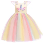 Color: Khaki, Kid Size: 12 - Kids Unicorn Dress for Girls Party Dresses Flower Appliques Ball Gown Little Girl Princess Costumes Summer Children Clothing