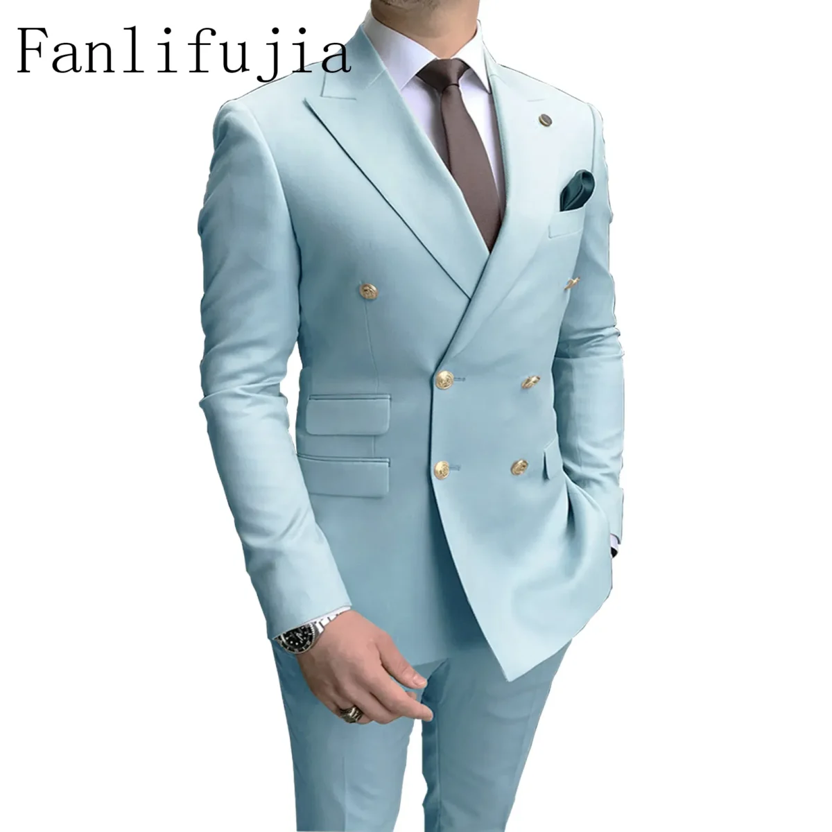 Color: SKY BLUE, Size: S - Fanlifujia Store 2024 Casual Sky Blue Men Suits Double Brested Peak Lapel  Gold Button Groom Wedding Tuxedos Best Costume Homme - Image 2