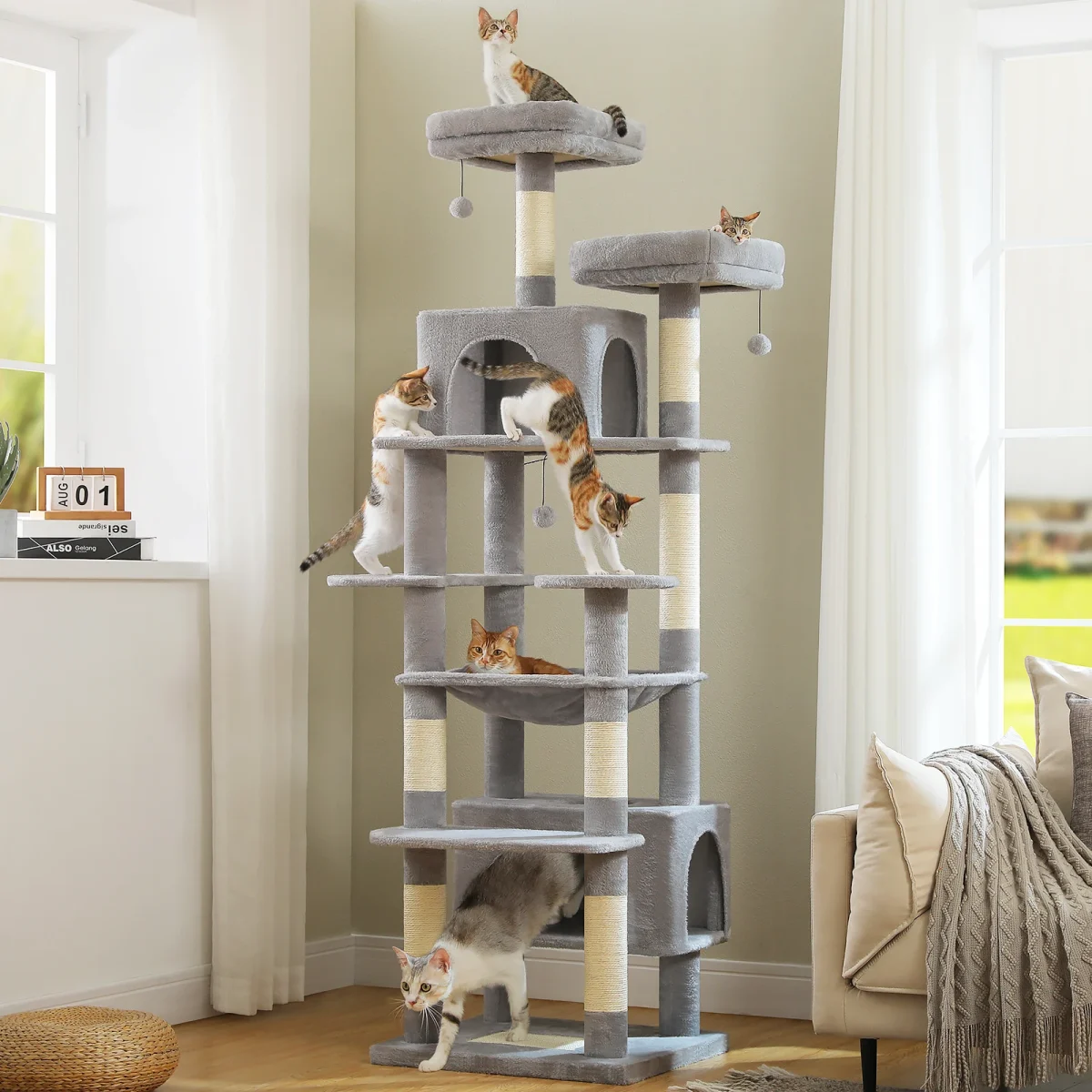 Multi-Level Large Cat Tree with Sisal-Covered Scratching Posts Cozy Condos Spacious Hammock Tall Cat Tower for Indoor Cat Toys - Image 4