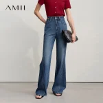 Amii Women's Jeans 2026 Spring New Casual Cotton Denim Flared Long Pants Retro Loose Commuter Versatile Woman Trousers 12651025