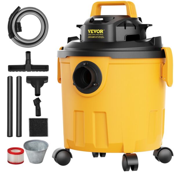 Shop Vacuum Wet And Dry, 5 Gallon 6 Peak HP Wet/Dry Vac, Powerful Suction with Blower Function with Attachments 2-in-1 Crevice Nozzle, Small Shop Vac Perfect for Carpet Debris, Pet Hair, Car
