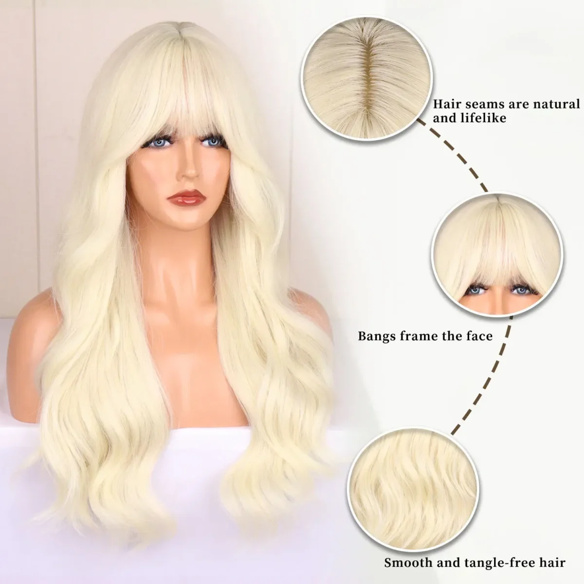 Color: Blonde - Blonde synthetic wig with straight bangs Ladies Cosplay wig High temperature silk wig set with big waves and long curly hair - Image 5