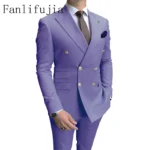 Color: Lavender, Size: M - Fanlifujia Store 2024 Casual Sky Blue Men Suits Double Brested Peak Lapel  Gold Button Groom Wedding Tuxedos Best Costume Homme