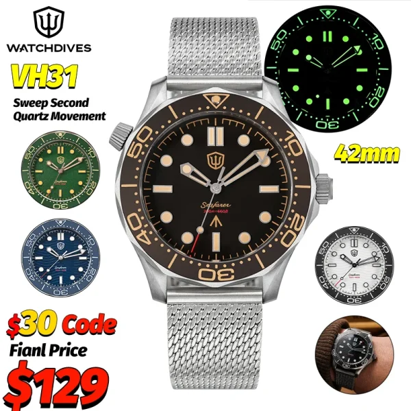 Watchdives WD007Q Luxury Titanium Watch 007 NTTD VH31 Sweep Quartz Wristwatches AR Sapphire 200M Waterproof 42Mm Vintage Watches