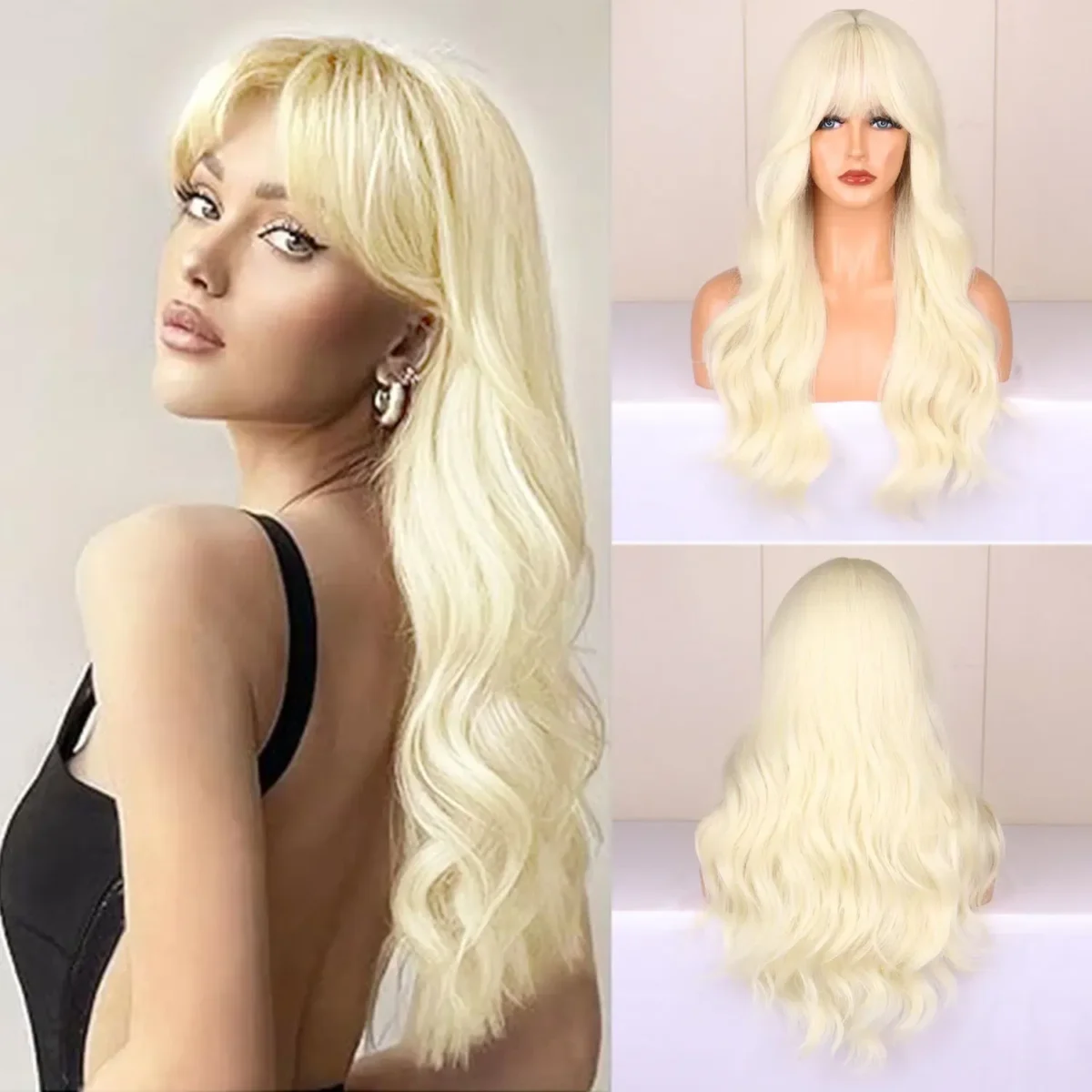 Color: Blonde - Blonde synthetic wig with straight bangs Ladies Cosplay wig High temperature silk wig set with big waves and long curly hair - Image 2