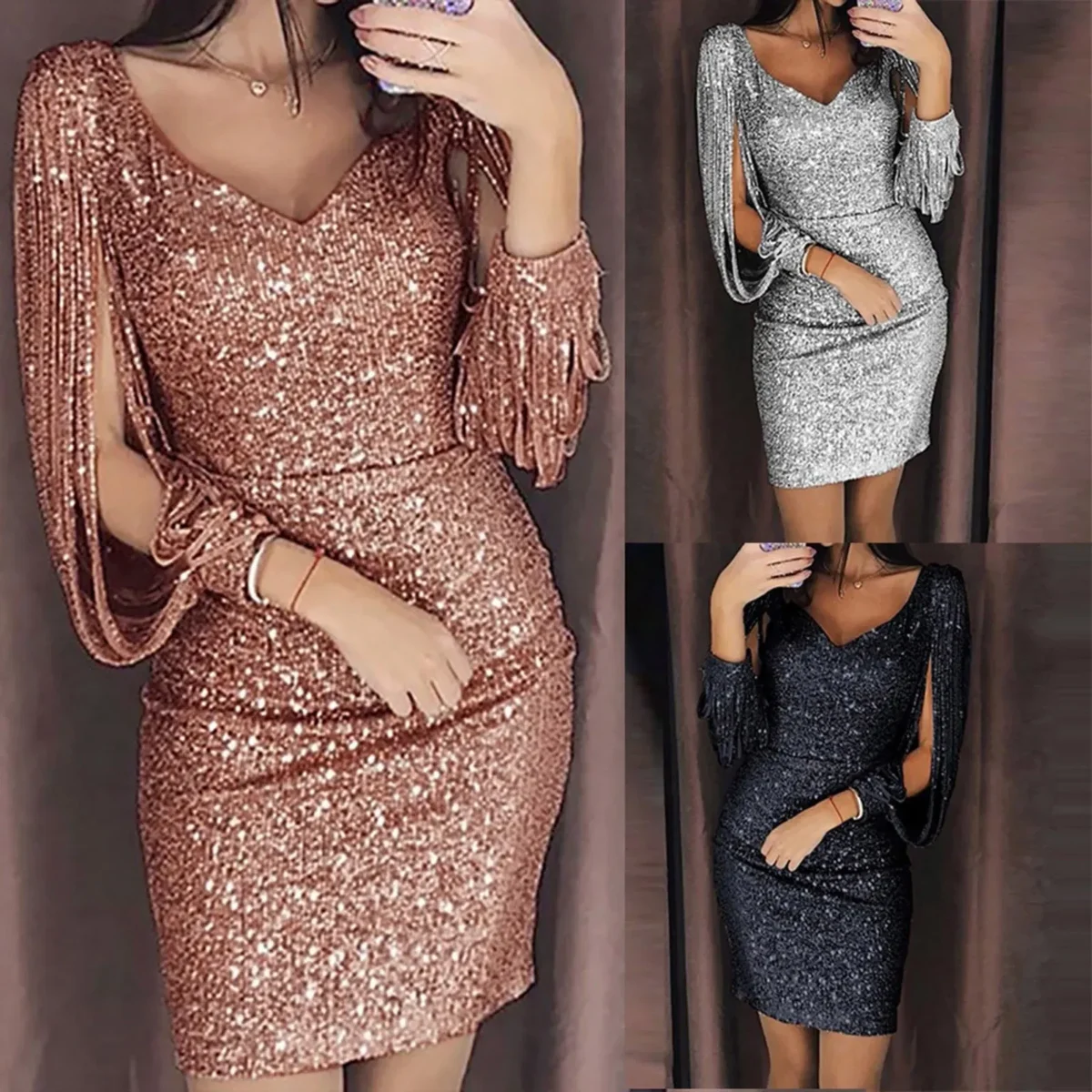 Color: Silver, Size: L, Ships From: CN - 2024 New Women Sexy Dresses Glitter Sparkly Sequin Tassel Sleeves V Neck Club Mini Skinny Sundress Elegant Ladies Party Dresses - Image 6