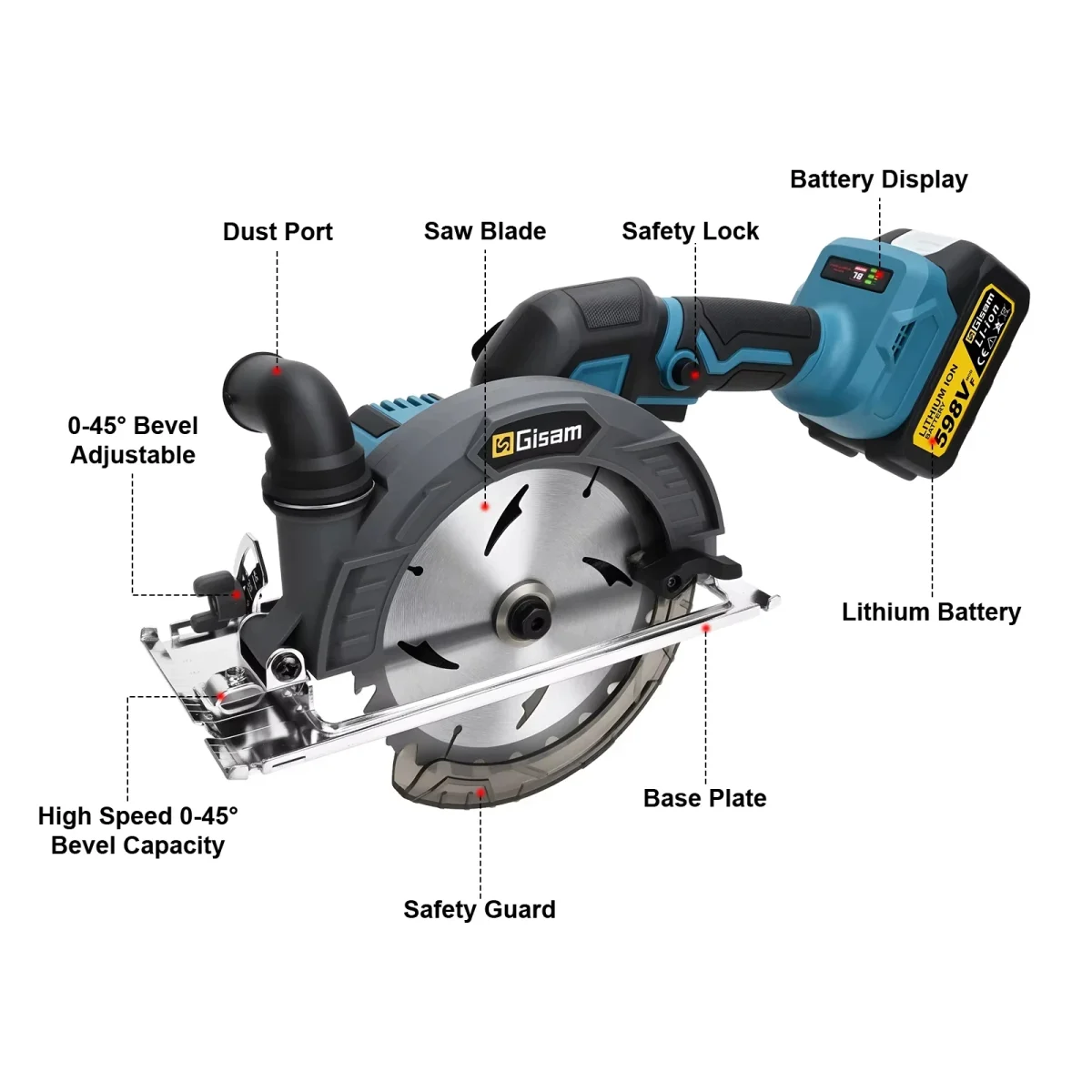 Gisam 165mm 10000RPM Brushless Electric Circular Saw Cordless Adjustbale Angle Woodworking Power Tool For Makita 18v Battey Pins - Image 6