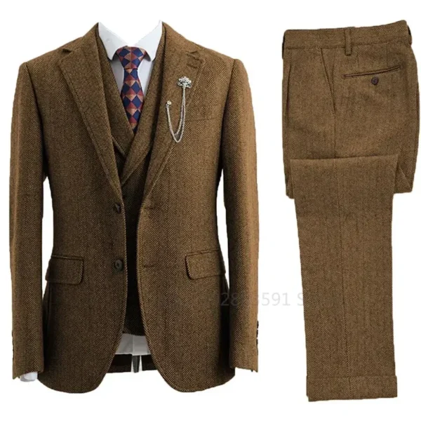Color: Champagne, Size: XXXL - 3 Piece Men Suit Tweed Herringbone Double-Breasted Wedding Tuxedos Size Men Clothing Casual Style Men's Fashion Costume Homme