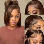 13x4 Transparent Lace Front Human Hair Wig Brazilian Remy Hair 4# Chocolate Brown Straight Short Bob Wigs Human Hair Honey Brown