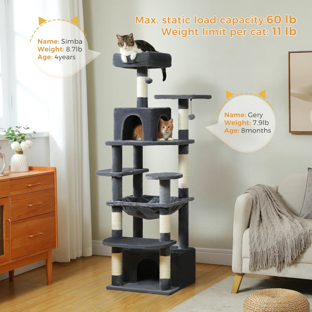 Multi-Level Large Cat Tree with Sisal-Covered Scratching Posts Cozy Condos Spacious Hammock Tall Cat Tower for Indoor Cat Toys - Image 3