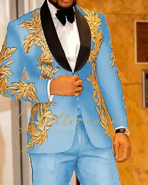Color: SKY BLUE, Size: One Size - Luxury Groom Wedding Tuxedos Gold Sequins Appliques Black Men Suits Slim Fit Costume Homme Marriage Prom Suits