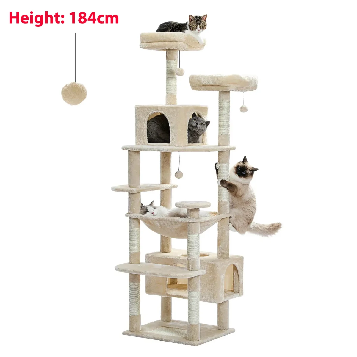 Multi-Level Large Cat Tree with Sisal-Covered Scratching Posts Cozy Condos Spacious Hammock Tall Cat Tower for Indoor Cat Toys - Image 16