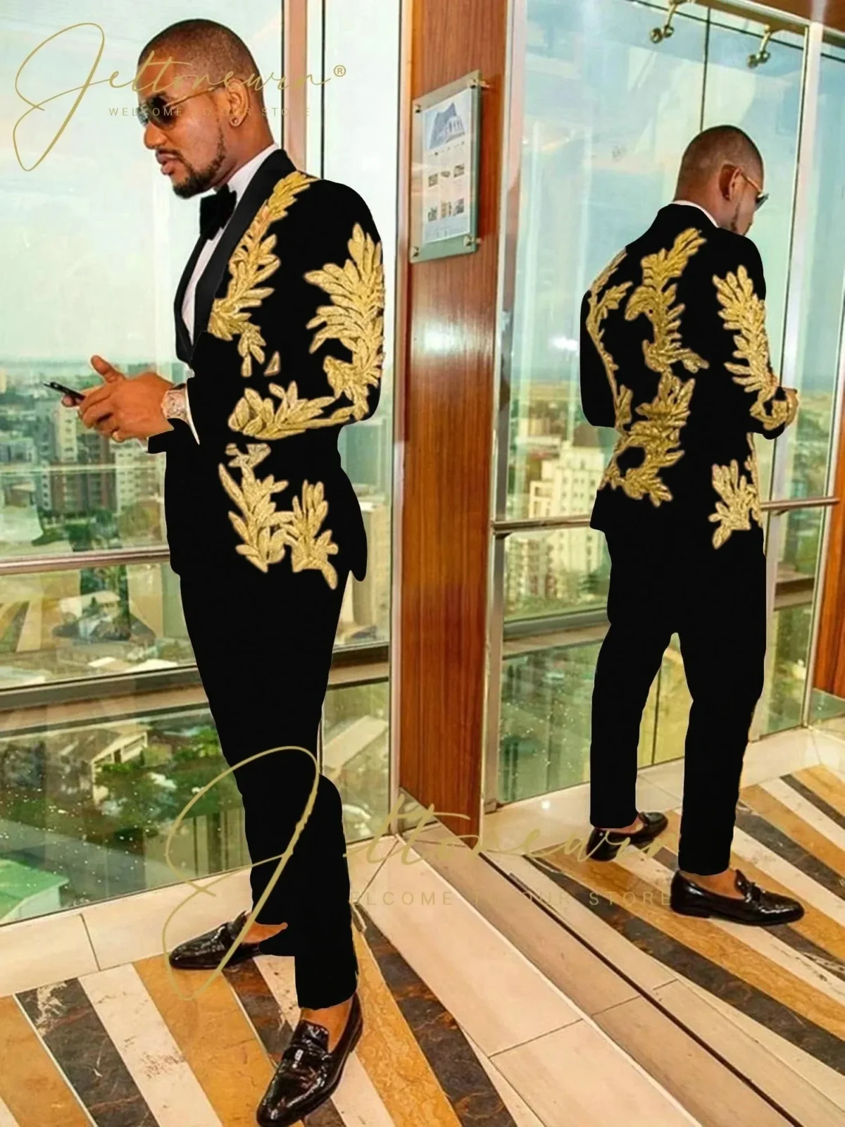 Color: SKY BLUE, Size: One Size - Luxury Groom Wedding Tuxedos Gold Sequins Appliques Black Men Suits Slim Fit Costume Homme Marriage Prom Suits - Image 2