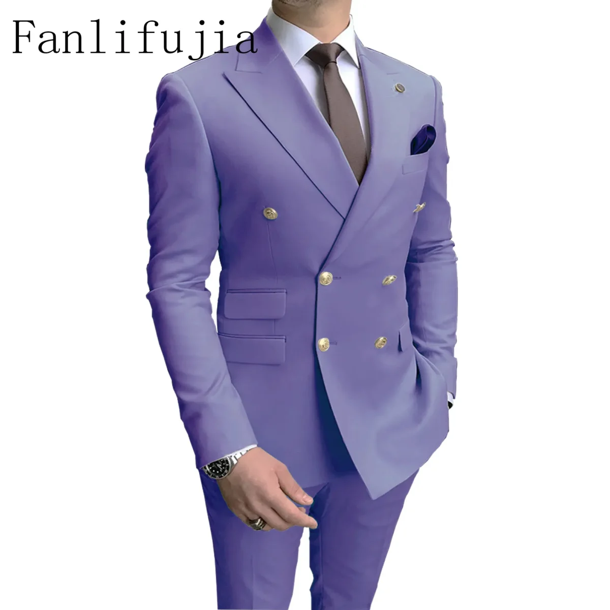 Color: Lavender, Size: M - Fanlifujia Store 2024 Casual Sky Blue Men Suits Double Brested Peak Lapel  Gold Button Groom Wedding Tuxedos Best Costume Homme - Image 4