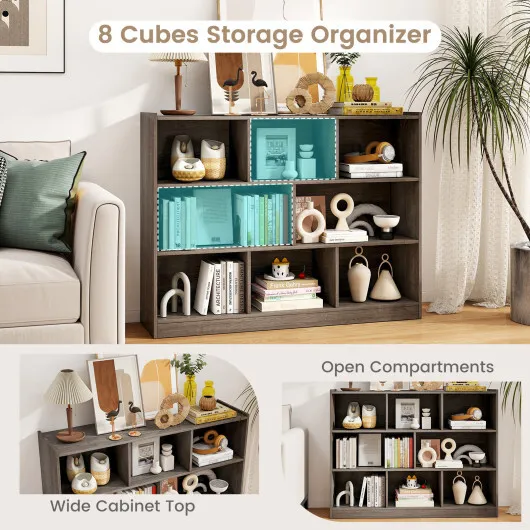 Costway 3-Tier Open Bookcase 8-Cube Floor Standing Storage Shelves Display Cabinet-Gray - Image 4