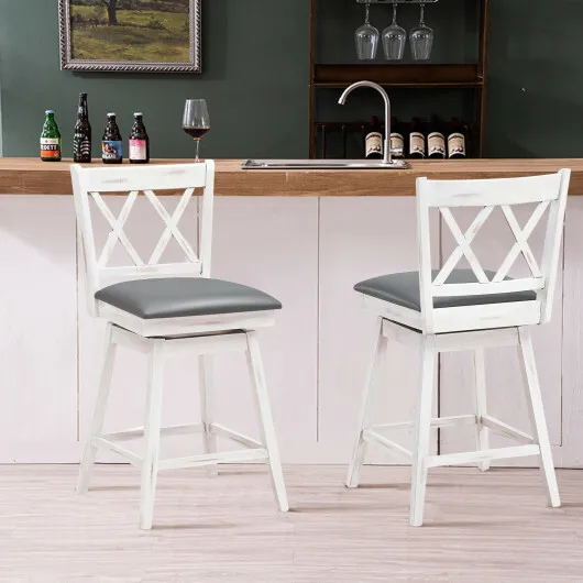 Costway 2 Pieces 24 Inch Swivel Counter Height Barstool Set with Rubber Wood Legs-White - Color: White - Size: 24 inches - Image 2