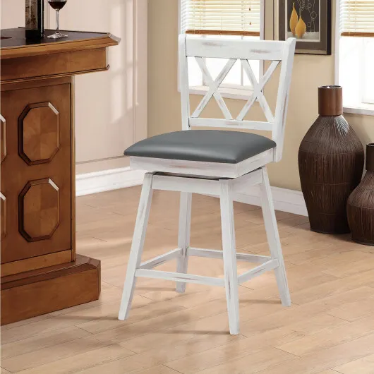 Costway 2 Pieces 24 Inch Swivel Counter Height Barstool Set with Rubber Wood Legs-White - Color: White - Size: 24 inches - Image 3