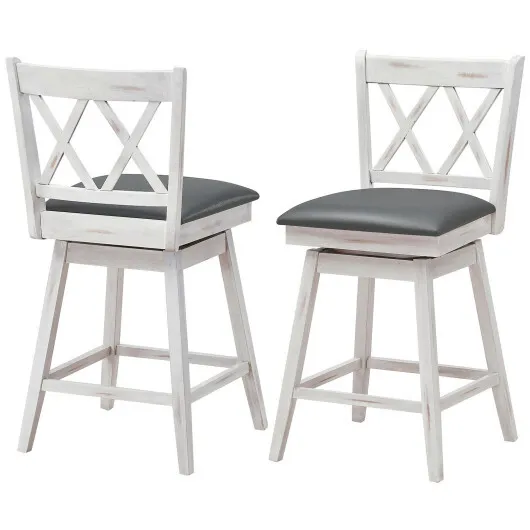 Costway 2 Pieces 24 Inch Swivel Counter Height Barstool Set with Rubber Wood Legs-White - Color: White - Size: 24 inches - Image 4