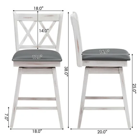 Costway 2 Pieces 24 Inch Swivel Counter Height Barstool Set with Rubber Wood Legs-White - Color: White - Size: 24 inches - Image 5