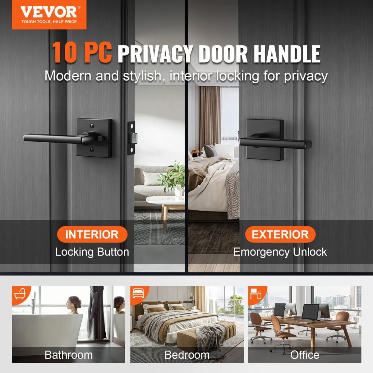 Privacy Door Handle, 10 Pack Matte Black Door Lever, Left or Right Handing Reversible Lever with Keyless Lock, 45?&deg; Rotation to Open, Universal Square Interior for Bedroom and Bathroom Doors - Image 2