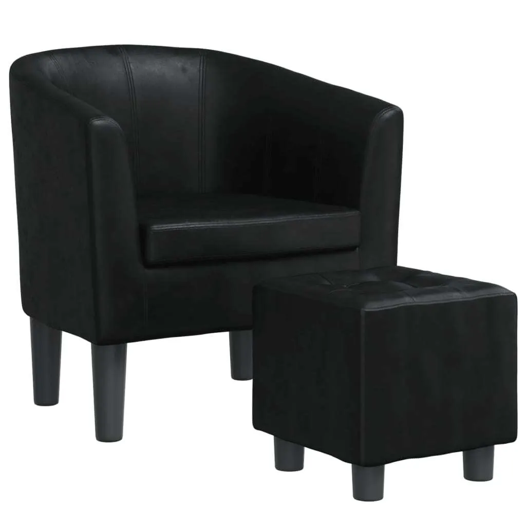 Tub Chair with Footstool Black Faux Leather - Image 2